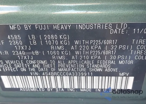 2010 Subaru Outback 2.5I Premium from USA, damaged, VIN 4S4BRCCC0A3339911